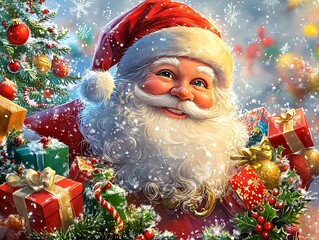 Santa claus with gifts and christmas tree in snowy scene on transparent background