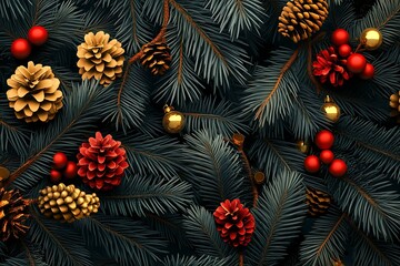 Christmas tree branches with ornaments and pine cones view on transparent background