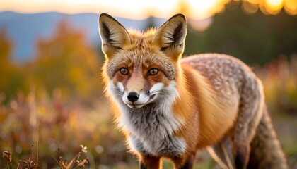 Obraz premium Red Fox Autumn Portrait in Warm Sunset Light