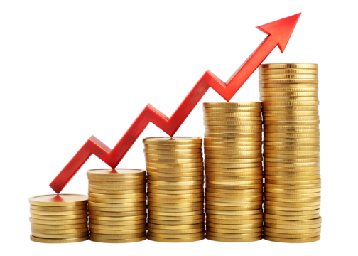 stack of gold coins with red arrows clipart png image on transparent background - Powered by Adobe