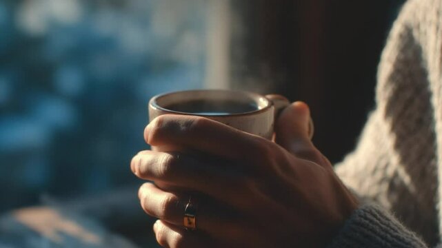 Cozy Coffee Moment: A serene scene unfolds as a person delicately holds a steaming cup of coffee, embodying the warmth and comfort of a tranquil moment.