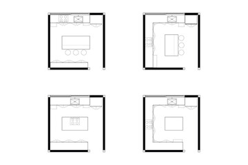 Collections of  floor plan design of kitchen, line vector black on white background. Set 14