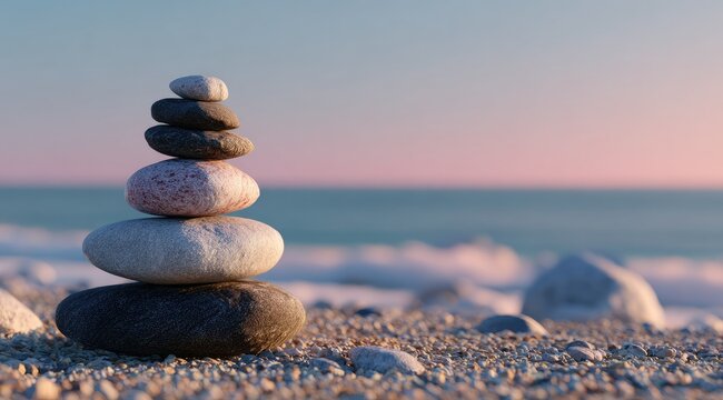 A carefully balanced stack of smooth, grey and white stones sits on a sandy beach at sunset, the ocean gently lapping in the background