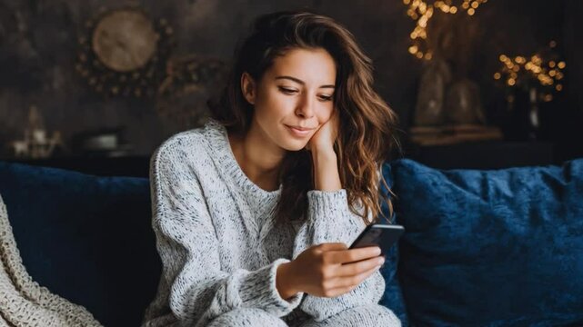 Cozy Evening Text: A young woman, relaxed and comfortable in a cozy sweater, sits on a plush blue sofa, engrossed in her smartphone.