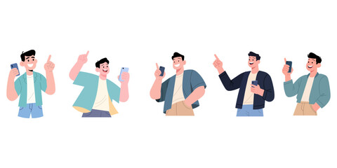 Happy young men using smartphones, pointing upwards