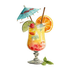 Refreshing summer cocktail with orange and cherry garnish tropical watercolor illustration of a delicious mixed drink in a on transparent background
