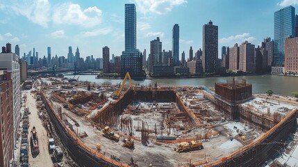 Construction site with heavy machinery in New York city, tall buildings and river on background during daytime