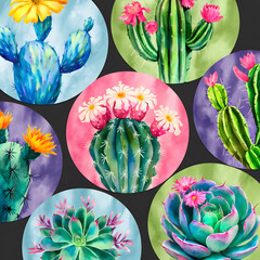 Watercolor-style cacti and succulents each blooming with colorful flowers set against contrasting circular backgrounds.