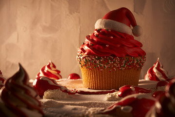 Festive cupcake adorned with red frosting and Santa hat surrounded by mini swirls all on a white snowy base.