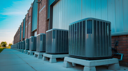 Row of air conditioning units lined up against a brick and metal building under a blue sky.