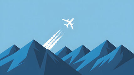 A vector illustration showing an airplane flying over a mountain range leaving a vapor trail against a clear blue sky.