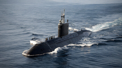 A dark submarine glides across the ocean surface leaving a foamy wake behind it on a calm sunny day.