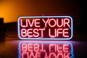 Neon sign displaying Live Your Best Life glows brightly reflected on a glossy surface in a warm inviting atmosphere.