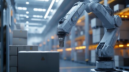 Automated robotic system efficiently manages cargo in smart warehouse reflecting advanced logistics and material flow in a modern industrial factory setting