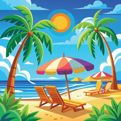 Obraz premium Tropical beach scene with palm trees, umbrellas, and lounge chairs