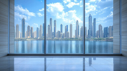 Obraz premium stunning view of modern city skyline through large window, showcasing tall buildings and serene