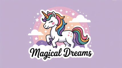 Whimsical Flat Design Sticker of a Unicorn with Rainbow Mane on Clouds and Stars, Text Reads "Magical Dreams"