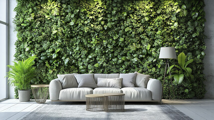 modern living room featuring cozy sofa, lush green plants, and vibrant wall of foliage