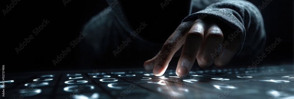 Poster cyber thief executing a login breach on a sleek digital keypad in a dark environment