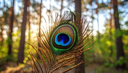 Iridescent Peacock Feather Backlit by Sunlight in Forest