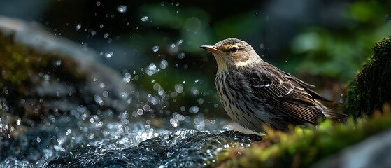 bird perched near waterfall, backlit feathers glowing, fine water droplets catching light