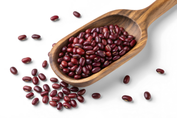 Wooden spoon with red azuki beans isolated on white or transparent background