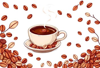 Obraz premium Whimsical coffee bean & cup illustrations, hand-drawn style, perfect for cafe branding, cute, vintage