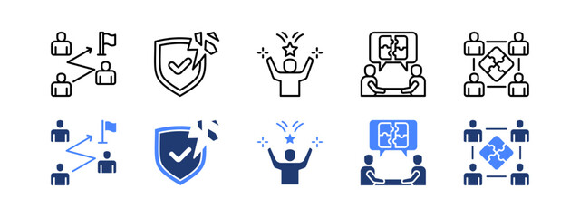 Team building icon set with Teamwork, Trust, Motivation, Problem Solving, Team Building.