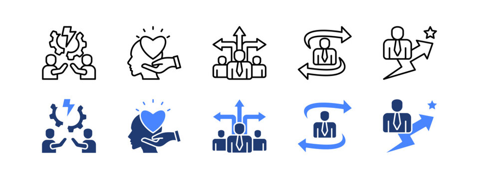 Team building icon set with Conflict Management, Empathy, Opportunity, Decision Making, Personal Development.
