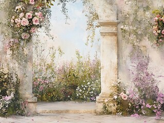 Romantic Garden Gate with Climbing Roses and Wildflowers for Wedding Background