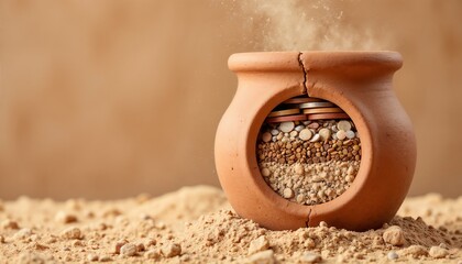 Clay pot filled with assorted grains and coins on sandy surface  