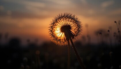 "Dandelion at Sunset – Silhouette of Fluffy Flower Against Sky Symbolizing Freedom and Wishes"