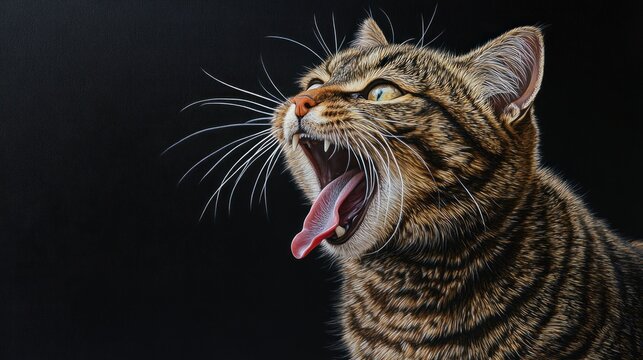 Yawning tabby cat portrait