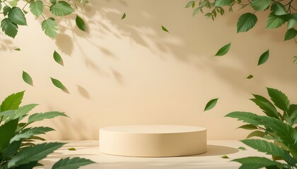 "Cosmetic Product Background – Beige Paper Podium with Falling Green Leaves in 3D Rendering"