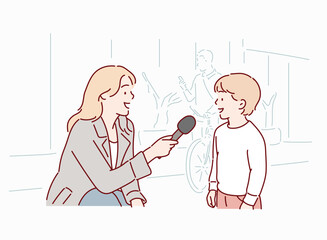 Reporter Interviewing a Young boy. Hand drawn style vector design illustrations.