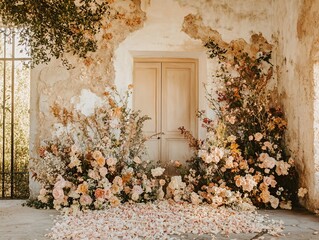 Romantic floral installation adorns weathered wall and vintage door, creating an elegant backdrop for weddings and special events