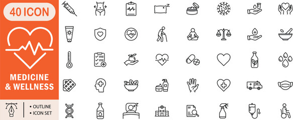 Medicine and Wellness Icons Outline Icon Set for Healthcare, Medical, Treatment, Hospital, Fitness, Therapy and Healthy Lifestyle Design