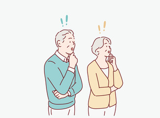 Elderly Couple Understanding and Solving a Problem. Exclamation mark. Hand drawn style vector design illustrations.