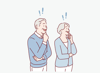 Fototapeta na wymiar Elderly Couple Understanding and Solving a Problem. Exclamation mark. Hand drawn style vector design illustrations.