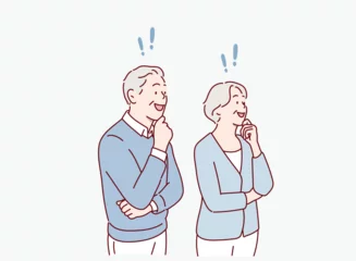 Fotobehang Elderly Couple Understanding and Solving a Problem. Exclamation mark. Hand drawn style vector design illustrations. © autumnn