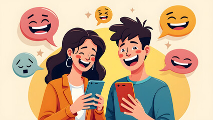 Flat vector of two friends sharing memes and emojis online. A fun and lighthearted way to maintain connection and laughter in digital friendships.
