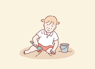 Child Playing with a Shovel in the Playground. Hand drawn style vector design illustrations.