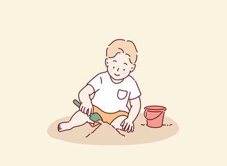 Child Playing with a Shovel in the Playground. Hand drawn style vector design illustrations.
