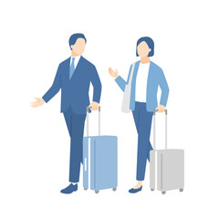 スーツーケースを引きながら会話をしているビジネスパーソン