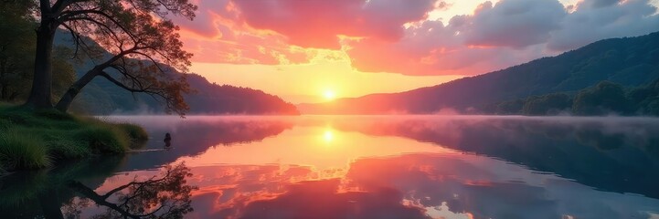 Serene sunrise over a tranquil lake, reflecting the peaceful beauty of creation Perfect for religious themes, Easter, or inspirational projects , worship, sunrise, christ