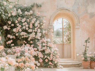 Romantic roses climbing the old stone archway create a picturesque scene