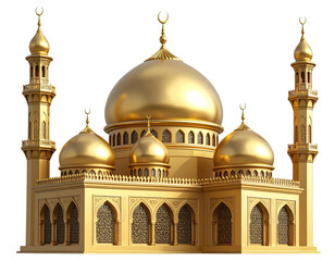 Traditional Middle Eastern mosque with golden dome and twin minarets, side angle, isolated PNG