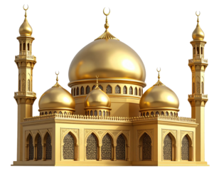 Traditional Middle Eastern mosque with golden dome and twin minarets, side angle, isolated PNG