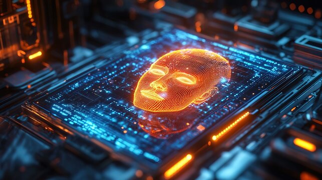 A miniature glowing AI lock recognizing facial biometrics 