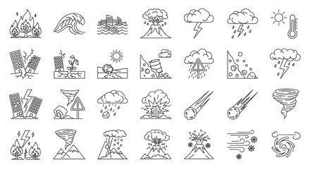 A Comprehensive Collection of Line Art Icons Depicting Various Natural Disasters and Environmental Threats for Educational Purposes